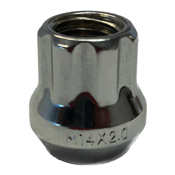 7 SPLINE OPEN END BULGE SEAT CHROME NUT- M14 X 2.00 21MM LENGTH