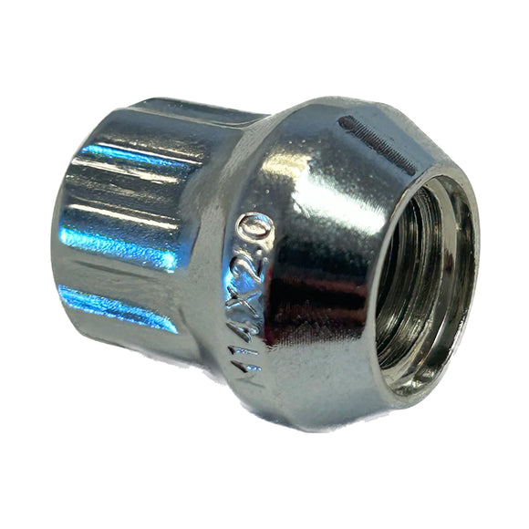 7 SPLINE OPEN END BULGE SEAT CHROME NUT- M14 X 2.00 21MM LENGTH